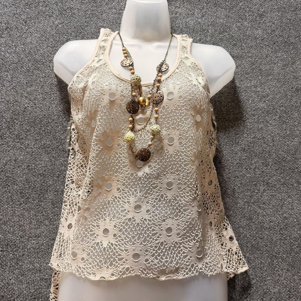 Julia Tank Top Womens Small Beige Crochet Sheer Scoop Neck Boho Camisole USA